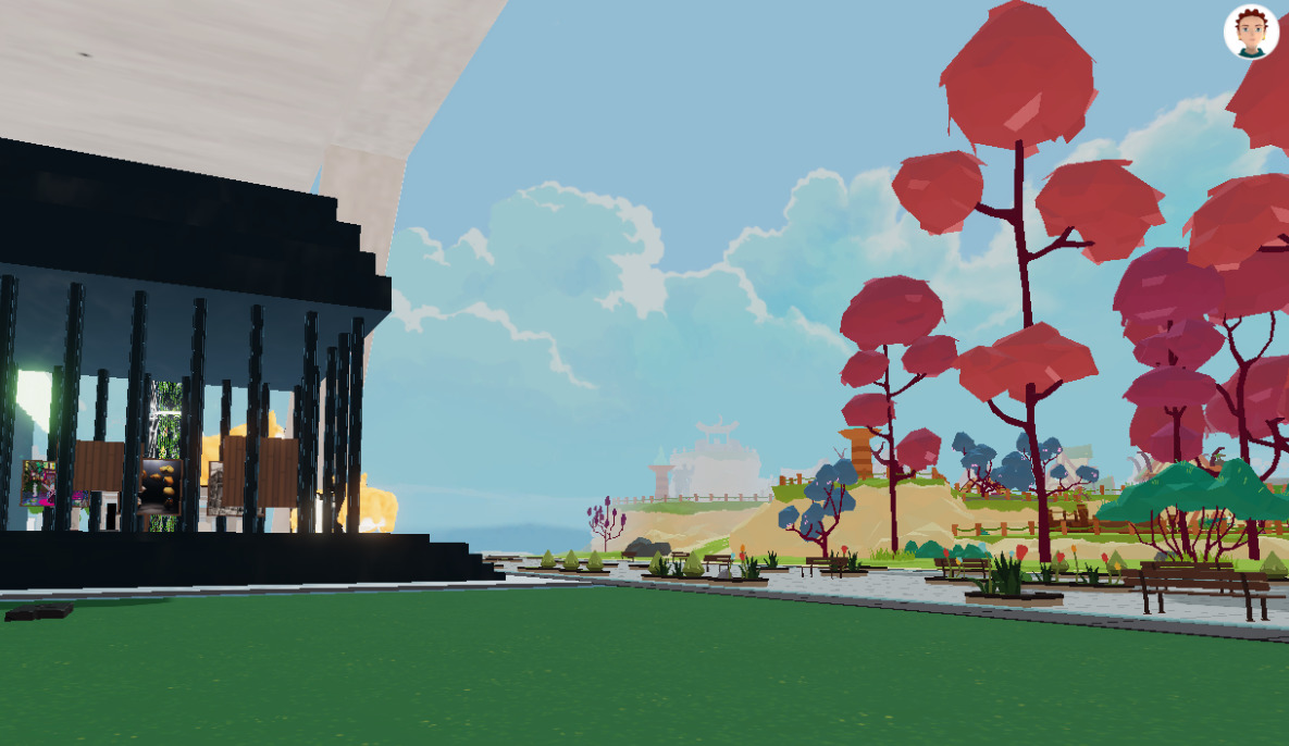 Screenshot from virtual world. Builging, grass and trees.