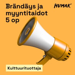 Oranssilla taustalla valko-oranssi megafoni kuvattuna korostettuna elementtinä. Kuvassa lukee: "Brändäys ja myyntitaidot 5 op". Alareunassa korostettuna sana "Kulttuurituottaja". HUMAK-logo oikeassa yläkulmassa.