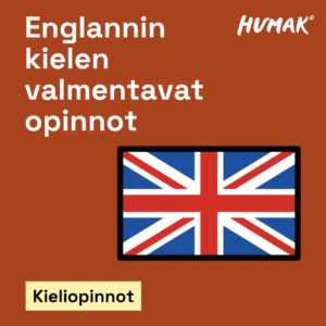 Punaruskealla taustalla Iso-Britannian lippu ja valkoinen teksti "Englannin kielen valmentavat opinnot". Alareunassa vaaleankeltaisella taustalla korostettuna sana "Kieliopinnot". HUMAK-logo oikeassa yläkulmassa.