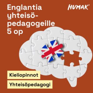 Punaruskealla taustalla valkoinen aivon muotoinen palapeli, josta puuttuu yksi pala. Puuttuva pala on nostettu esiin, ja siinä on Iso-Britannian lippu. Kuvassa lukee: "Englantia yhteisöpedagogeille 5 op". Alareunassa vaaleankeltaisella pohjalla korostetut sanat "Kieliopinnot" ja "Yhteisöpedagogi". HUMAK-logo