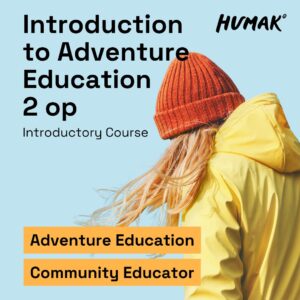 On a light blue background, a person with long blonde hair wearing an orange beanie and a bright yellow outdoor jacket is seen from behind, facing away. The text reads: "Introduction to Adventure Education 2 op, Introductory Course". At the bottom, highlighted labels say "Adventure Education" and "Community Educator". Humak logo in the top right corner.