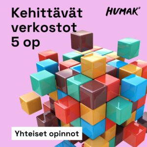 Pinkillä taustalla pienistä kuutioista koostuva iso rakennelma rakentumassa. Teksteinä kehittävät verkostot 5 op, humak, yhteiset opinnot.