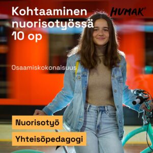 Nuori nainen on metroaseman laiturilla pyörän kanssa, metro menee taustalla. Kuvassa tekstit kohtaaminen nuorisotyössä 10 op, osaamiskokonaisuus,, nuorisotyö, yhteisöpedagogi.