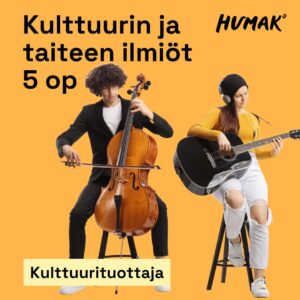 Oranssia taustaa vasten selloa soittava nuori mies ja akustista kitaraa soittava kuulokepäinen nainen sekä tekstit kulttuurin ja taiteen ilmiöt, 5 op, Humak ja kulttuurituottaja.