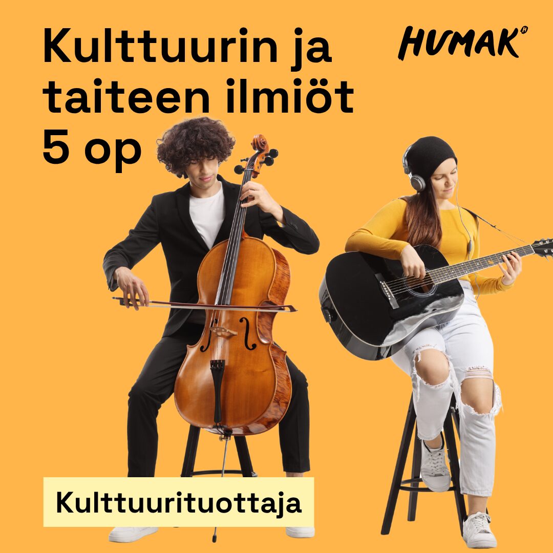 Oranssia taustaa vasten selloa soittava nuori mies ja akustista kitaraa soittava kuulokepäinen nainen sekä tekstit kulttuurin ja taiteen ilmiöt, 5 op, Humak ja kulttuurituottaja.