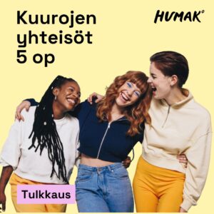 Kolme kaulailevaa henkilöä hymyilevät ja iloitsevat yhdessä. Tekstit kuurojen yhteisöt, 5 op, humak ja tulkkaus.