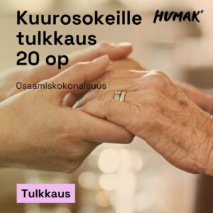 Nuoren ihmisen kädet pitävät vanhuksen käsiä kädessään. Tekstit kuurosokeille tulkkaus, humak, tulkkaus ja osaamiskokonaisuus.
