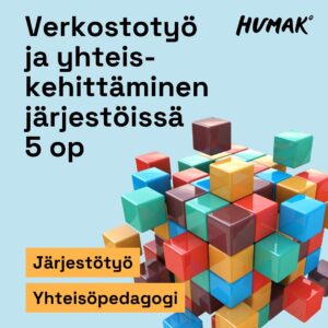 Vaaleansinisellä taustalla on monivärisistä kuutioista koostuva, kolmiulotteinen kuutiorakenne. Kuutiot muodostavat yhdessä isomman rakenteen. Kuvassa lukee: "Verkostotyö ja yhteiskehittäminen järjestöissä 5 op". Alareunassa oransseilla pohjilla korostetut sanat: "Järjestötyö" ja "Yhteisöpedagogi". HUMAK-logo oikeassa yläkulmassa.