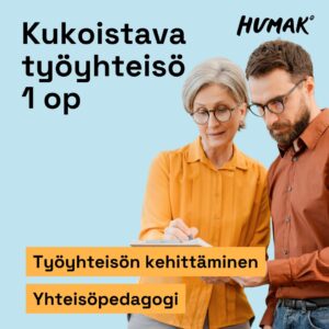 Nainen ja mies tutkivat paperia tarkkaavaisesti, nainen osoittaa jotain paperilla olevaa kynällään. Tekstit kuvassa: Humakin logo, kukoistava työyhteisö, 1 opintopiste, työyhteisön kehittäminen ja yhteisöpedagogi.
