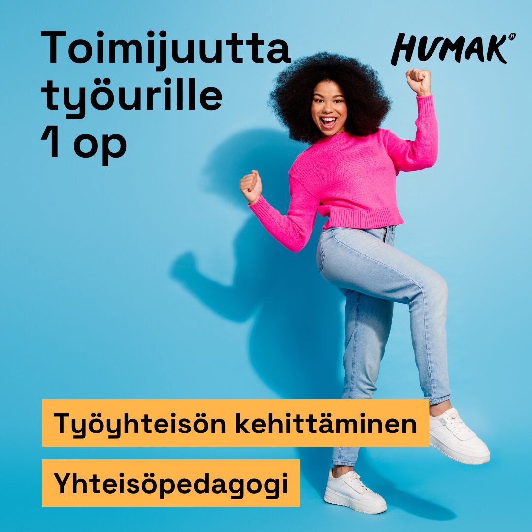 Iloinen henkilö hyppää ilmaan vaaleansinistä taustaa vasten. Kuvassa tekstit: 'Toimijuutta työurille 1 op', 'Työyhteisön kehittäminen' ja 'Yhteisöpedagogi'. Kuvitus Humakin avoimen AMK:n opintojaksolle.